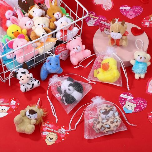 Fovths 32 Packs Valentine's Day Mini Stuffed Animal with Heart Cards Jungle Animals Plush Toy Keychain for Valentines Day Gifts School Classroom Exchange Game Prize Party Favors in Saudi Arabia