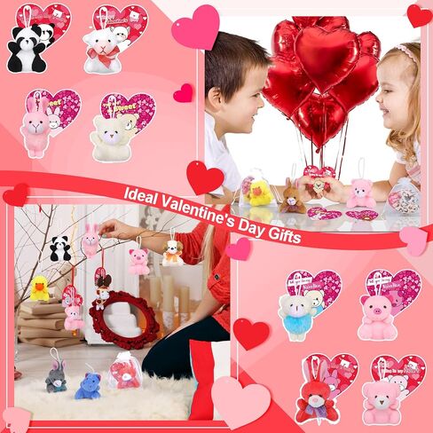 Fovths 32 Packs Valentine's Day Mini Stuffed Animal with Heart Cards Jungle Animals Plush Toy Keychain for Valentines Day Gifts School Classroom Exchange Game Prize Party Favors in Saudi Arabia