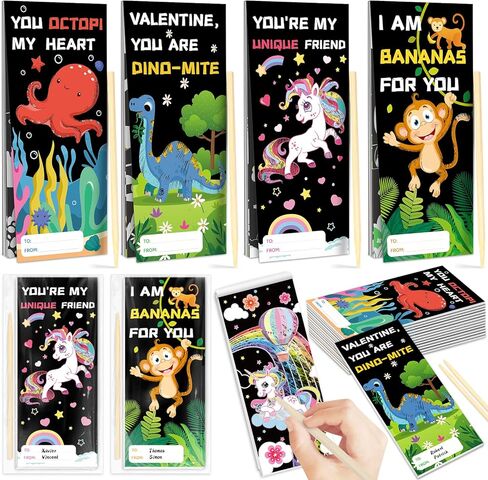 Valentine's Day Cards for Kids School, 24 Pack Valentine's Day Cards for Kids with Rainbow Scratch Art Craft Books, Valentines Day Gifts For Kids Classroom Exchange, Valentines Party Favors Prizes in Saudi Arabia