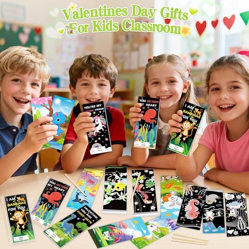 Valentine's Day Cards for Kids School, 24 Pack Valentine's Day Cards for Kids with Rainbow Scratch Art Craft Books, Valentines Day Gifts For Kids Classroom Exchange, Valentines Party Favors Prizes in Saudi Arabia