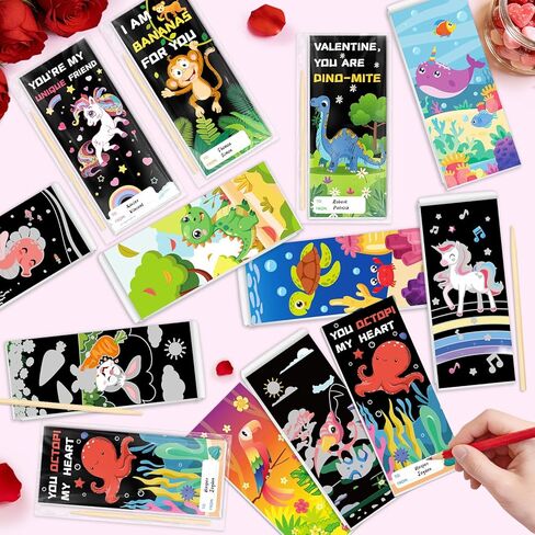 Valentine's Day Cards for Kids School, 24 Pack Valentine's Day Cards for Kids with Rainbow Scratch Art Craft Books, Valentines Day Gifts For Kids Classroom Exchange, Valentines Party Favors Prizes in Saudi Arabia