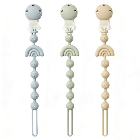 Baby Pacifier Clips One Piece Binky Clip Holder Silicone Teether Clip Pacifier Straps with Clip Baby Teether Toys for Boys and Girls Set of 3 Andy Bear-Ivory+Sage+Blush in Kuwait