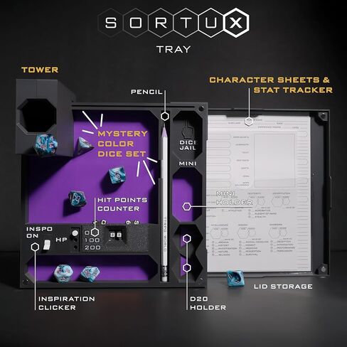 All-in-One Dice Tray with Tower by TTRPG World - Magnetic Modular Organizer for 5E & d20 RPGs with Soft Lining, Tower, Mini Holder, Sheets & Mystery Dice Set (Purple) in Saudi Arabia