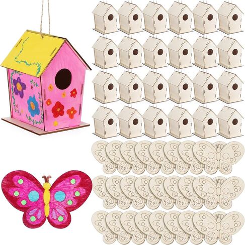DoubleFill 24 Pack Wooden Bird Houses Bulk, Butterfly Wood Chips for DIY Unfinished Hanging Birdhouse Kits, Wooden Craft Houses to Paint Valentines Crafts Family Crafts Party Favor in Saudi Arabia