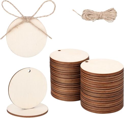 cobee 50PCS Unfinished Round Wooden Circles with Holes, Blank Round Wooden Circles, Blank Wood Circle Cutouts for Painting Staining Coaster Making Home Decorations in Saudi Arabia