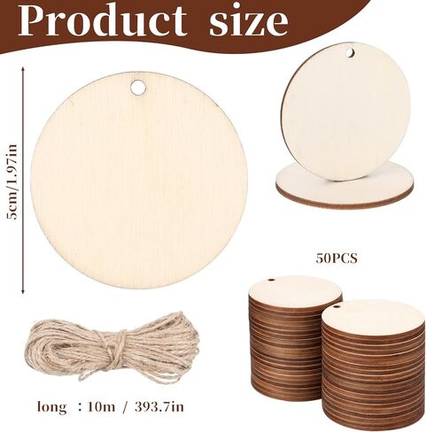 cobee 50PCS Unfinished Round Wooden Circles with Holes, Blank Round Wooden Circles, Blank Wood Circle Cutouts for Painting Staining Coaster Making Home Decorations in Saudi Arabia