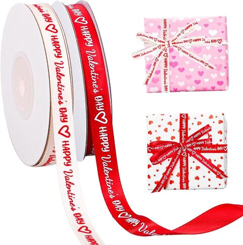 2 Rolls Happy Valentine's Day Ribbons 30 Yards Satin Ribbon Red White Heart Fabric Craft Ribbon for Bow Wreath Gift Wrap Party Decor, 3/8" in Saudi Arabia