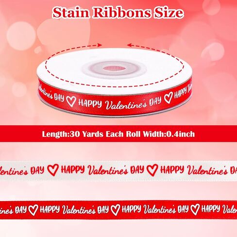 2 Rolls Happy Valentine's Day Ribbons 30 Yards Satin Ribbon Red White Heart Fabric Craft Ribbon for Bow Wreath Gift Wrap Party Decor, 3/8" in Saudi Arabia