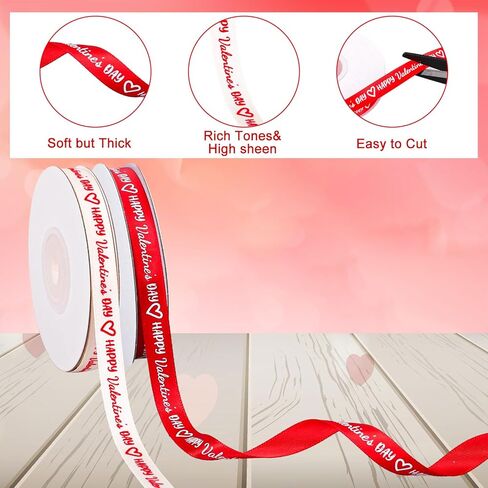 2 Rolls Happy Valentine's Day Ribbons 30 Yards Satin Ribbon Red White Heart Fabric Craft Ribbon for Bow Wreath Gift Wrap Party Decor, 3/8" in Saudi Arabia