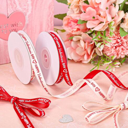 2 Rolls Happy Valentine's Day Ribbons 30 Yards Satin Ribbon Red White Heart Fabric Craft Ribbon for Bow Wreath Gift Wrap Party Decor, 3/8" in Saudi Arabia