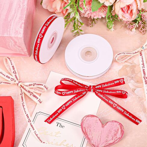 2 Rolls Happy Valentine's Day Ribbons 30 Yards Satin Ribbon Red White Heart Fabric Craft Ribbon for Bow Wreath Gift Wrap Party Decor, 3/8" in Saudi Arabia