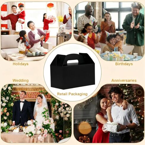 Grevo Black Cardstock Gable Box with Handle, 12Pcs, 9.45"x5"x5" Durable & Sturdy Treat Boxes for Wedding, Baby Shower, Kids Birthday, Party Favor, Holidays Gifts in Saudi Arabia