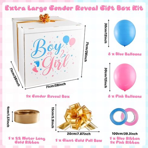 28 Inches Extra Large Gender Reveal Gift Box Kit with Oversized One Sided Printing Box Giant Pull Bows Balloon Ribbon for Gender Reveal Baby Shower Birthday Party Decor Supplies Not for Heavy-Duty in Saudi Arabia