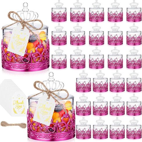 30 Sets Mini Crown Candy Boxes with Thank You Tags and Twine Plastic Candy Storage Boxes for Wedding Baby Shower Princess Birthday Party Supplies(Rose Gold and Clear,Crown Style) in Saudi Arabia