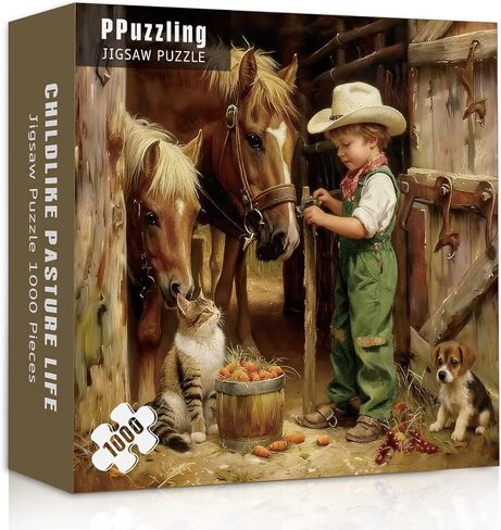 Country Farm Animals Puzzles for Adults 1000 Pieces, Vintage Cowboy Boy with Horses, Cat, Puppy Scene Jigsaw Puzzle, Challenging Rustic Barn Farmhouse Art Puzzle in Saudi Arabia