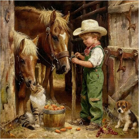 Country Farm Animals Puzzles for Adults 1000 Pieces, Vintage Cowboy Boy with Horses, Cat, Puppy Scene Jigsaw Puzzle, Challenging Rustic Barn Farmhouse Art Puzzle in Saudi Arabia