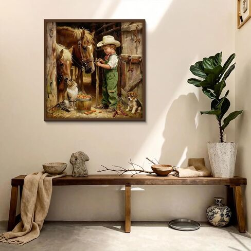 Country Farm Animals Puzzles for Adults 1000 Pieces, Vintage Cowboy Boy with Horses, Cat, Puppy Scene Jigsaw Puzzle, Challenging Rustic Barn Farmhouse Art Puzzle in Saudi Arabia