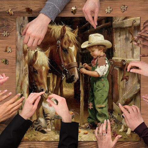 Country Farm Animals Puzzles for Adults 1000 Pieces, Vintage Cowboy Boy with Horses, Cat, Puppy Scene Jigsaw Puzzle, Challenging Rustic Barn Farmhouse Art Puzzle in Saudi Arabia