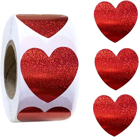 500Pcs Valentines Heart Stickers Roll Red Self-Adhesive Valentines Day Gifts Card Stickers Decals Metallic Sparkling Waterproof Love Sticker for Wedding Anniversary Envelopes Decorations-1in in Saudi Arabia