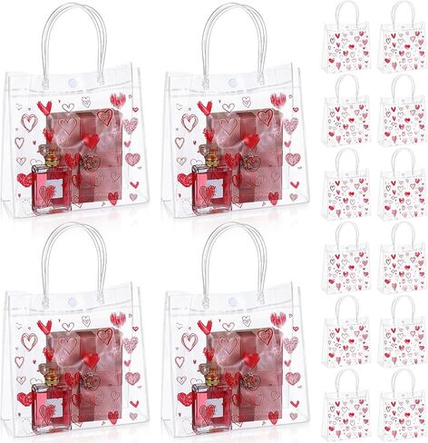 Aliceset 24 قطعة من أكياس هدايا عيد الحب البلاستيكية ذات مقابض 7.87 × 7.87 × 3.15 بوصة من Galentines، حقيبة هدايا على شكل قلب من PVC شفافة قابلة لإعادة الاستخدام لهدايا عيد الحب وحفلات الزفاف in Saudi Arabia