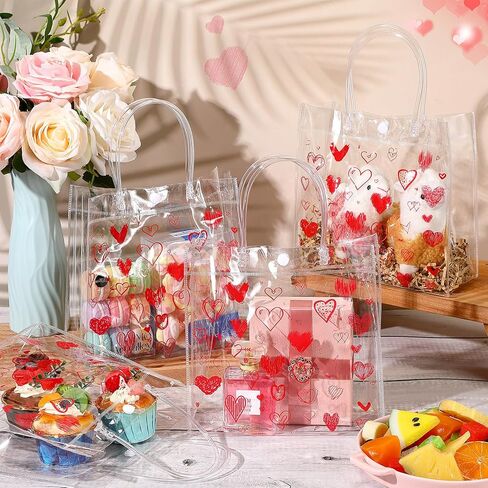Aliceset 24 قطعة من أكياس هدايا عيد الحب البلاستيكية ذات مقابض 7.87 × 7.87 × 3.15 بوصة من Galentines، حقيبة هدايا على شكل قلب من PVC شفافة قابلة لإعادة الاستخدام لهدايا عيد الحب وحفلات الزفاف in Saudi Arabia