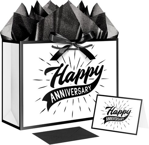 حقيبة XiaosRen Happy Anniversary مع مناديل ورقية وبطاقة، حقيبة هدايا بيضاء وسوداء مع شريط للرجال والنساء لوازم حفلات الذكرى السنوية (نجمة) in Kuwait