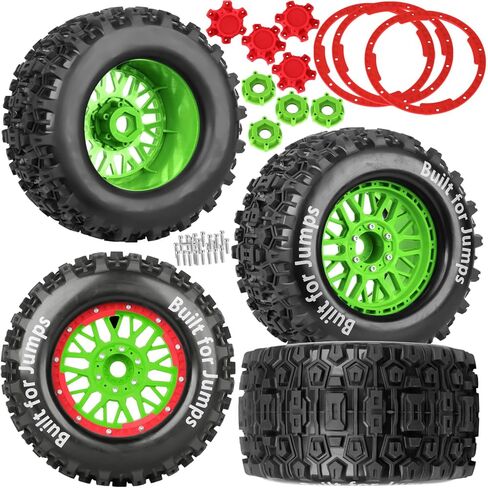 17mm Hex 1/8 1/10 RC Wheels and Tires for 1/10 Maxx/E-Revo/T-Maxx/Summit/Kraton/Outcast 4S,etc RC Monster Truck,RC Tires and Rims with Foam Inserts,(4Pcs) Red White in Saudi Arabia