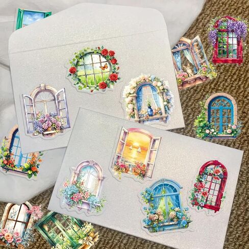 50PCS PET Waterproof Window Stickers, Watercolor Floral Window Sill Decals for Skateboard, Fridge, Laptop, Phone, Luggage (1.64-2.28 Inches)(Window-2) in Kuwait