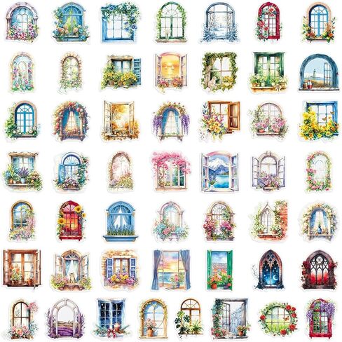 50PCS PET Waterproof Window Stickers, Watercolor Floral Window Sill Decals for Skateboard, Fridge, Laptop, Phone, Luggage (1.64-2.28 Inches)(Window-2) in Kuwait