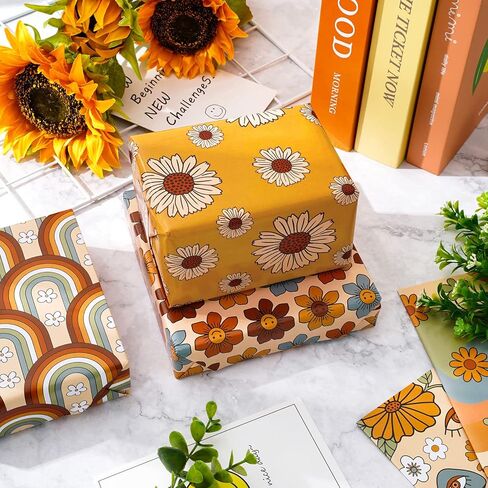 Whaline 12 Sheet Boho Wrapping Paper 27.6 x 39.4 Inch Retro Floral Rainbow Gift Wrap Paper -Not Roll- Folded Flat Vintage Flower Art Paper for Wedding Bridal Shower in Saudi Arabia