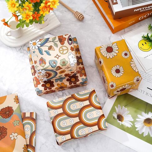 Whaline 12 Sheet Boho Wrapping Paper 27.6 x 39.4 Inch Retro Floral Rainbow Gift Wrap Paper -Not Roll- Folded Flat Vintage Flower Art Paper for Wedding Bridal Shower in Saudi Arabia
