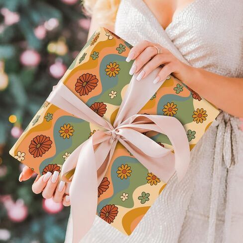 Whaline 12 Sheet Boho Wrapping Paper 27.6 x 39.4 Inch Retro Floral Rainbow Gift Wrap Paper -Not Roll- Folded Flat Vintage Flower Art Paper for Wedding Bridal Shower in Saudi Arabia