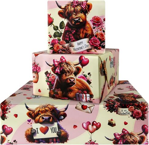 Geluode Yak Highland Cow Wrapping Paper, Valentine's Day Wrapping Paper - 4 Sheets Folded Flat 20x28 inches Floral Cow Gift Wrap for Yak Theme Birthday Wedding Valentine's Day in Saudi Arabia