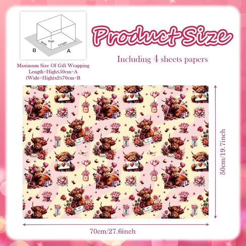 Geluode Yak Highland Cow Wrapping Paper, Valentine's Day Wrapping Paper - 4 Sheets Folded Flat 20x28 inches Floral Cow Gift Wrap for Yak Theme Birthday Wedding Valentine's Day in Saudi Arabia