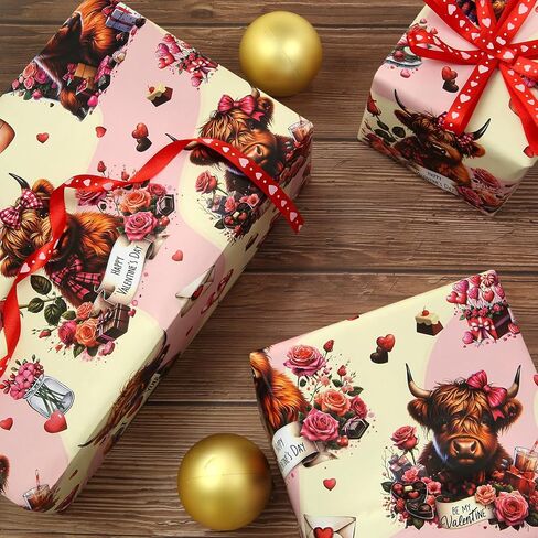 Geluode Yak Highland Cow Wrapping Paper, Valentine's Day Wrapping Paper - 4 Sheets Folded Flat 20x28 inches Floral Cow Gift Wrap for Yak Theme Birthday Wedding Valentine's Day in Saudi Arabia