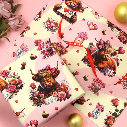 Geluode Yak Highland Cow Wrapping Paper, Valentine's Day Wrapping Paper - 4 Sheets Folded Flat 20x28 inches Floral Cow Gift Wrap for Yak Theme Birthday Wedding Valentine's Day in Saudi Arabia