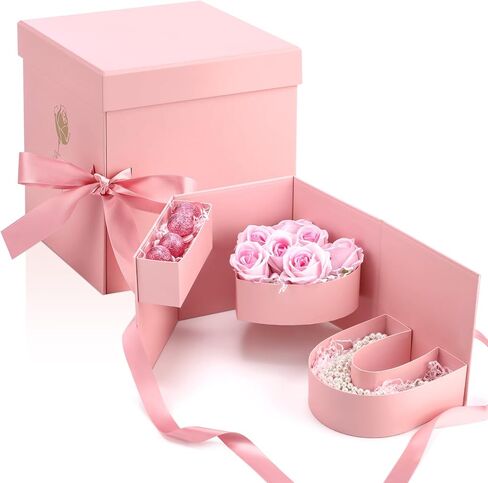 2 Pcs Valentine's Day Flower Gift Box for Women Empty Valentine Gifts for Mom Letter Shaped Box Rotating Double Layers Floral Container with Lid Fillable Chocolate Packaging for Holiday in Saudi Arabia
