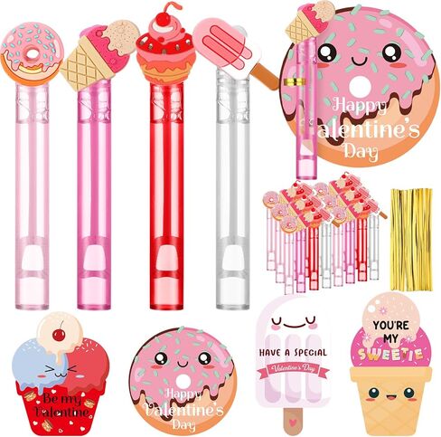 78Pcs/24 Set Valentines Day Cards Kids Classroom Valentines Gifts Donut Party Favors Mini Bubble Wands Classroom Exchange Gifts Cards Ice Cream Drip Party Favors for Kids Toddlers Girls Boys in Saudi Arabia