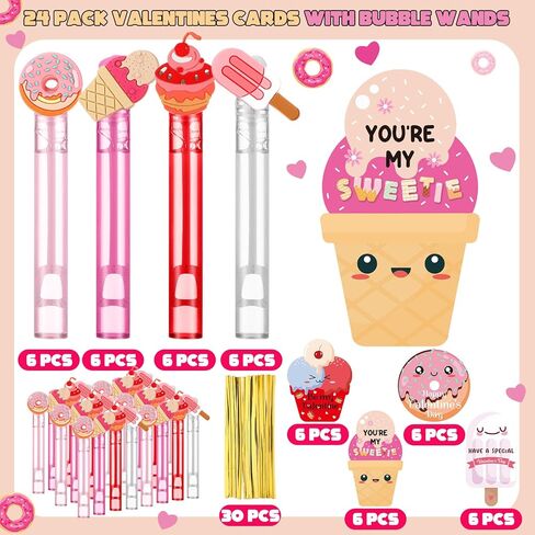 78Pcs/24 Set Valentines Day Cards Kids Classroom Valentines Gifts Donut Party Favors Mini Bubble Wands Classroom Exchange Gifts Cards Ice Cream Drip Party Favors for Kids Toddlers Girls Boys in Saudi Arabia