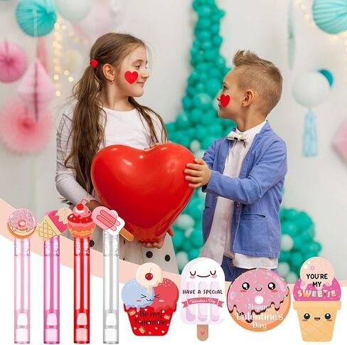 78Pcs/24 Set Valentines Day Cards Kids Classroom Valentines Gifts Donut Party Favors Mini Bubble Wands Classroom Exchange Gifts Cards Ice Cream Drip Party Favors for Kids Toddlers Girls Boys in Saudi Arabia