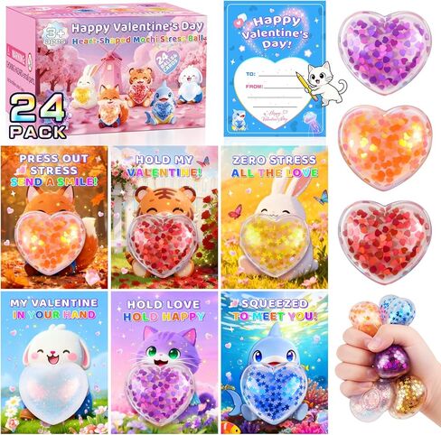 بطاقات عيد الحب من كريولبو لمدرسة الأطفال - كرات ضغط القلب، هدايا عيد الحب للأطفال في الفصل الدراسي مع بطاقات تهنئة للأطفال - ألعاب تخفيف التوتر لحفلات عيد الحب، 24 حزمة in Kuwait