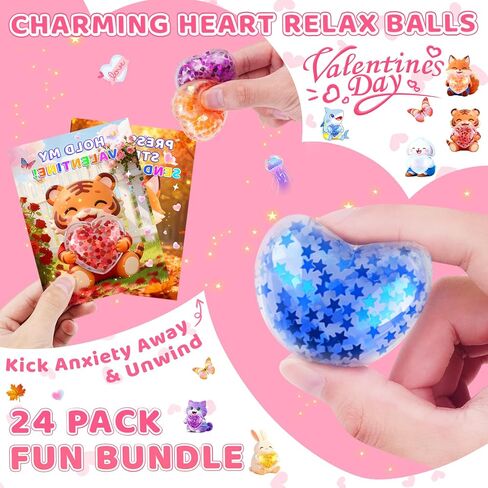بطاقات عيد الحب من كريولبو لمدرسة الأطفال - كرات ضغط القلب، هدايا عيد الحب للأطفال في الفصل الدراسي مع بطاقات تهنئة للأطفال - ألعاب تخفيف التوتر لحفلات عيد الحب، 24 حزمة in Kuwait