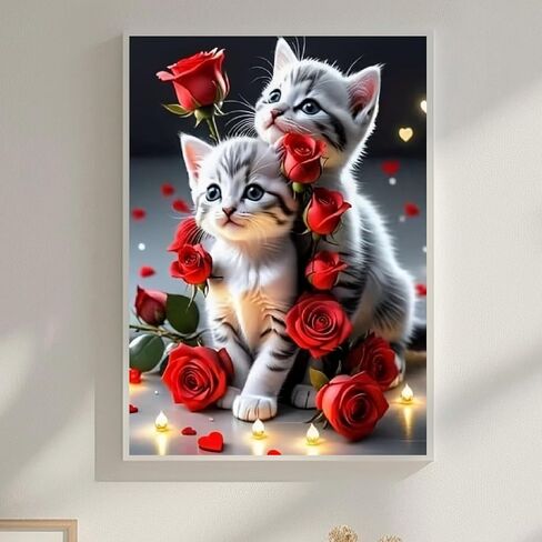 MOMDEDP Cat Diamond Art Kits for Adults, Kitten Rose Flowers Diamond Painting for Adult, 5D Diamonds Painting, DIY Round Full Drill Cats Gem Art Crafts Kit Home Wall Decor Gifts 16x12 inch in Kuwait