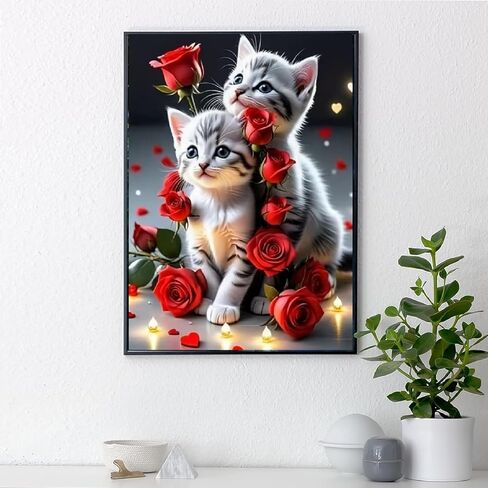 MOMDEDP Cat Diamond Art Kits for Adults, Kitten Rose Flowers Diamond Painting for Adult, 5D Diamonds Painting, DIY Round Full Drill Cats Gem Art Crafts Kit Home Wall Decor Gifts 16x12 inch in Kuwait