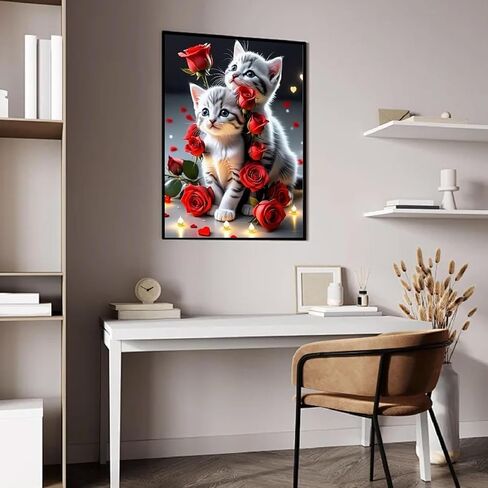 MOMDEDP Cat Diamond Art Kits for Adults, Kitten Rose Flowers Diamond Painting for Adult, 5D Diamonds Painting, DIY Round Full Drill Cats Gem Art Crafts Kit Home Wall Decor Gifts 16x12 inch in Kuwait