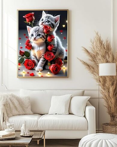 MOMDEDP Cat Diamond Art Kits for Adults, Kitten Rose Flowers Diamond Painting for Adult, 5D Diamonds Painting, DIY Round Full Drill Cats Gem Art Crafts Kit Home Wall Decor Gifts 16x12 inch in Kuwait