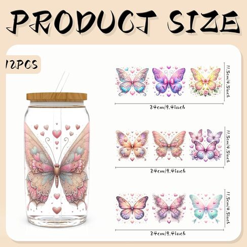 غلاف أكواب DTF للأشعة فوق البنفسجية للزجاج 16oz، 12 ورقة فرك الفراشة على النقل لأكواب القهوة، ملصق بهلوان DIY للأثاث والحرف اليدوية in Saudi Arabia