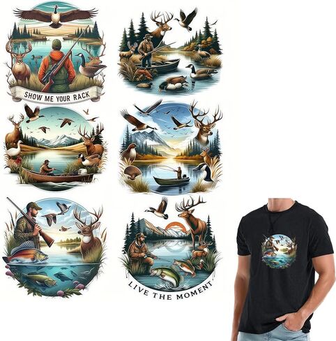 6pcs Hunting Themed Fishing Elk Seagull Iron On Transfers for T-Shirts Rub on Transfers Stickers Vinyl Ready to Press Stickers Iron on Decals for T-Shirts Clothing Hoodie DIY Crafts in Saudi Arabia