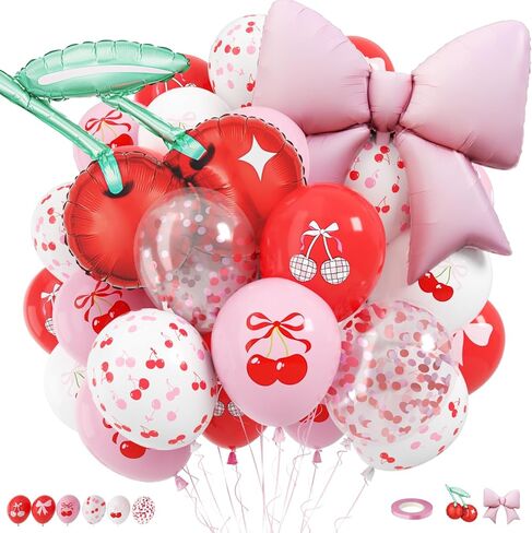 Cherry Balloons, 12 Inch Cherry Party Decorations Red Pink White Print Latex Balloons with Cherry Bow Foil Balloon for She is Cherry on Top Birthday Wedding Fruit Party Decorations in Saudi Arabia