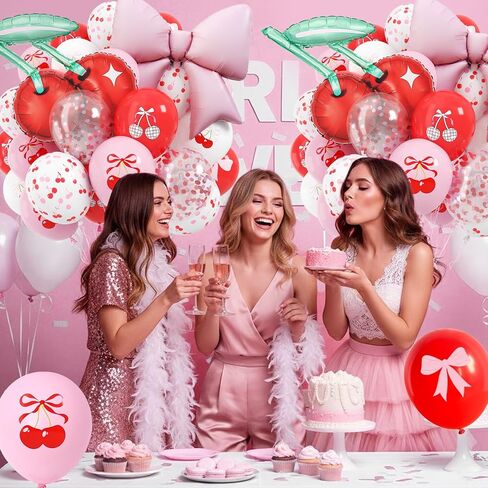 Cherry Balloons, 12 Inch Cherry Party Decorations Red Pink White Print Latex Balloons with Cherry Bow Foil Balloon for She is Cherry on Top Birthday Wedding Fruit Party Decorations in Saudi Arabia